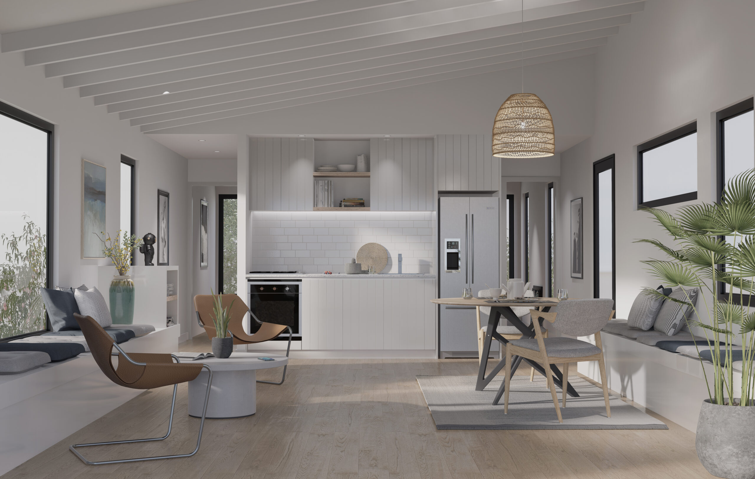 the interior of a coastal themed granny flat